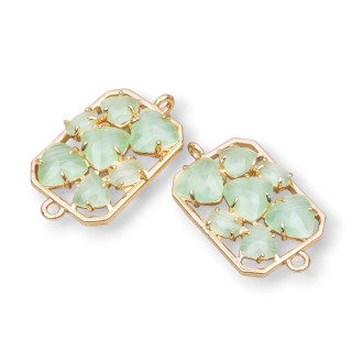 Rectangle Brass Component Connector with Embedded Cat's Eye 17x24mm 6pcs Golden Light Green