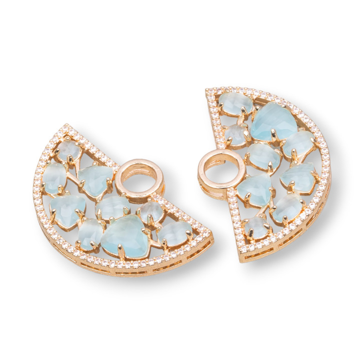 Connecteur de composant de ventilateur en laiton avec oeil de chat et zircons intégrés 23x36mm 4pcs Golden Aqua