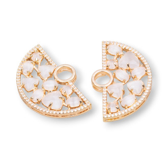 Brass Component Connector Fan-shaped with Cat's Eye Set and Zircons 23x36mm 4pcs Golden White