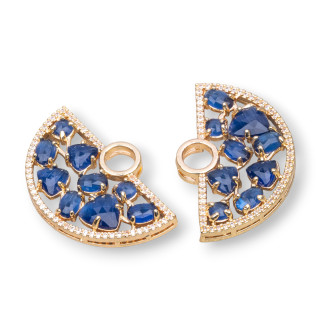 Brass Component Connector Fan-shaped with Cat's Eye Set and Zircons 23x36mm 4pcs Golden Sapphire Blue