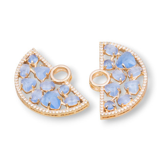 Brass Component Connector Fan-shaped with Cat's Eye Set and Zircons 23x36mm 4pcs Golden Light Blue