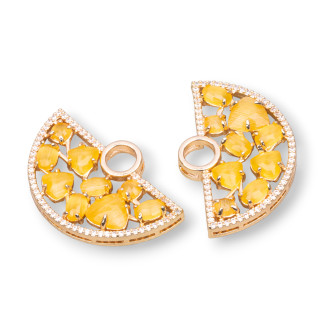Brass Component Connector Fan-shaped with Cat's Eye Set and Zircons 23x36mm 4pcs Golden Yellow