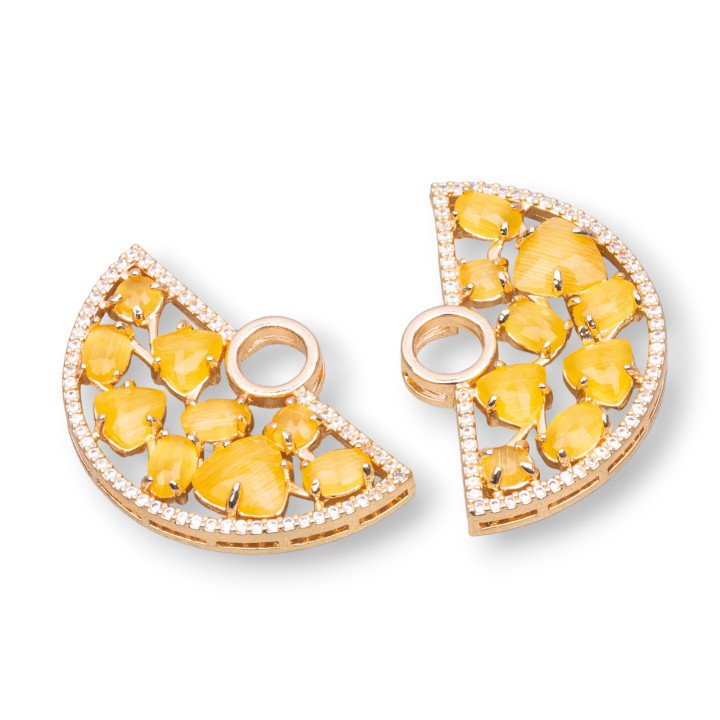 Connecteur de composant en laiton en forme d'éventail avec oeil de chat et zircons intégrés 23x36mm 4pcs jaune doré