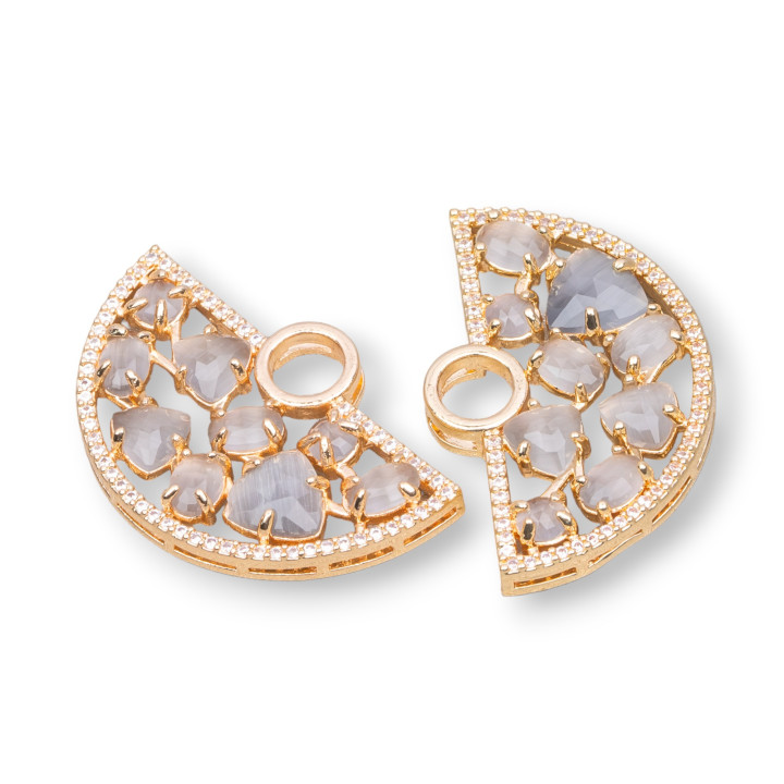Brass Component Connector Fan-shaped with Cat's Eye Set and Zircons 23x36mm 4pcs Golden Gray
