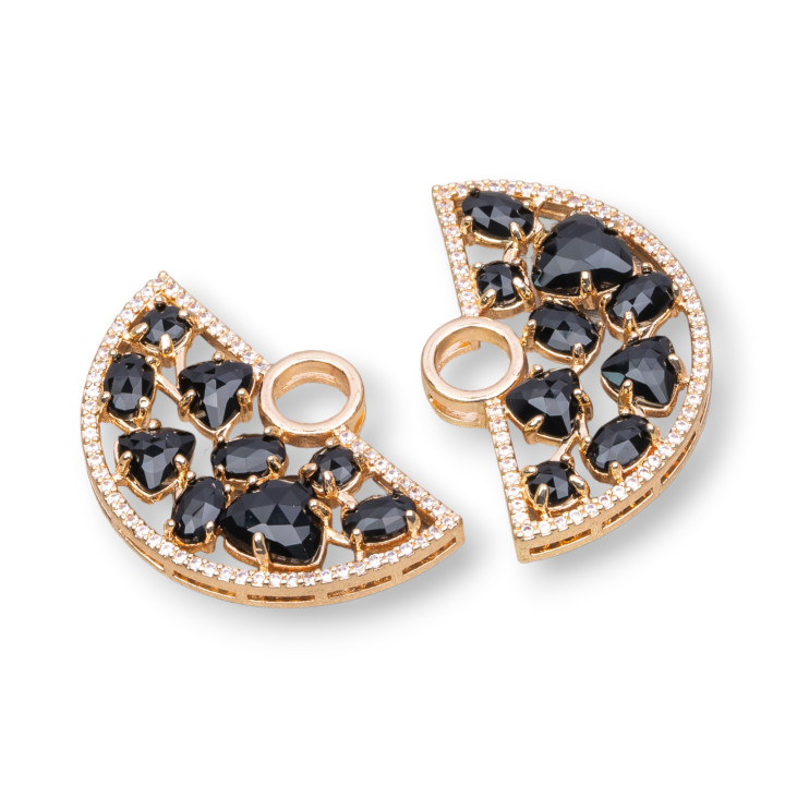 Brass Component Connector Fan-shaped with Cat's Eye Set and Zircons 23x36mm 4pcs Golden Black