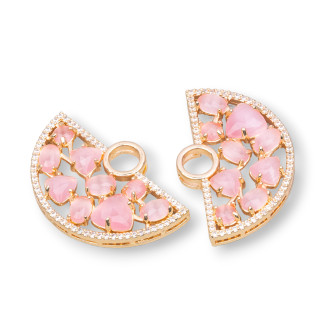 Fan-shaped Brass Component Connector with Set Cat's Eye and Zircons 23x36mm 4pcs Deep Pink Golden