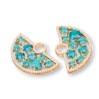 Brass Component Connector Fan-shaped with Cat's Eye Set and Zircons 23x36mm 4pcs Golden Green