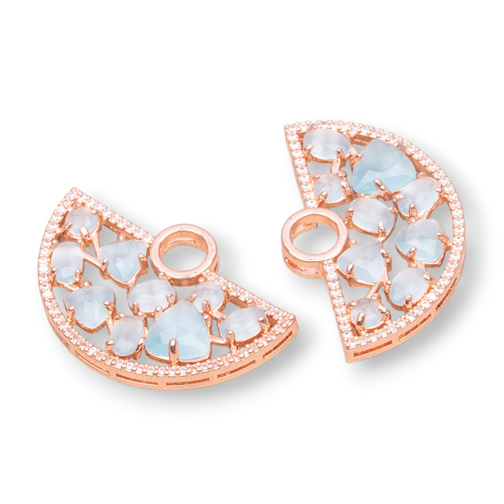 Conector de componente de latón de ventilador con ojo de gato integrado y circonitas 23x36mm 4pcs Rose Gold Aqua