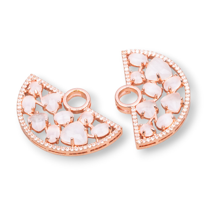 Brass Component Connector Fan-shaped with Cat's Eye Set and Zircons 23x36mm 4pcs Rose Gold White