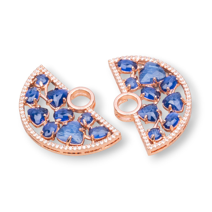 Connecteur Composant Laiton Ventilateur Avec Oeil De Chat Et Zircons Intégrés 23x36mm 4pcs Or Rose Bleu