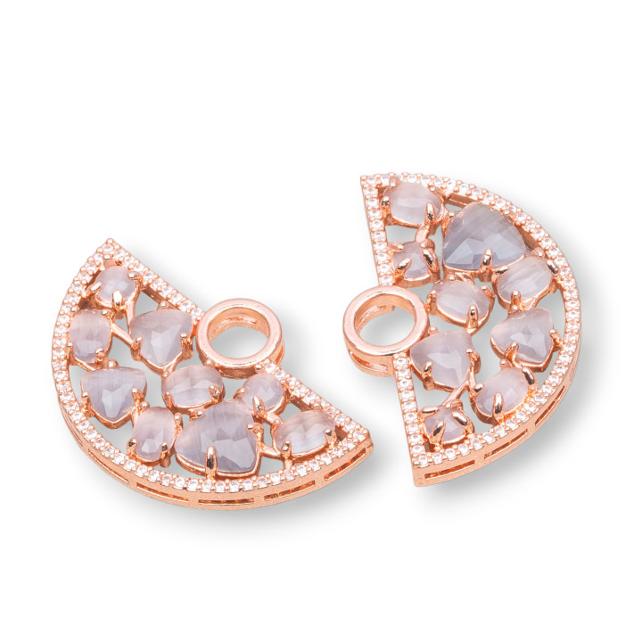 Lüfter-Messing-Komponentenverbinder mit eingebettetem Katzenauge und Zirkonen 23 x 36 mm, 4 Stück, Roségold, Grau