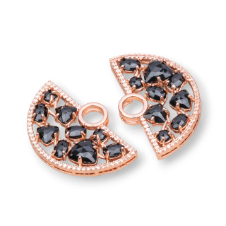Brass Component Connector Fan-shaped with Cat's Eye Set and Zircons 23x36mm 4pcs Rose Gold Black