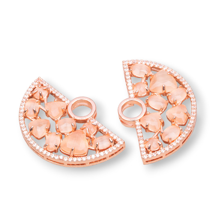 Conector de componente de latón para ventilador con ojo de gato integrado y circonitas 23x36 mm 4 piezas Melocotón de oro rosa