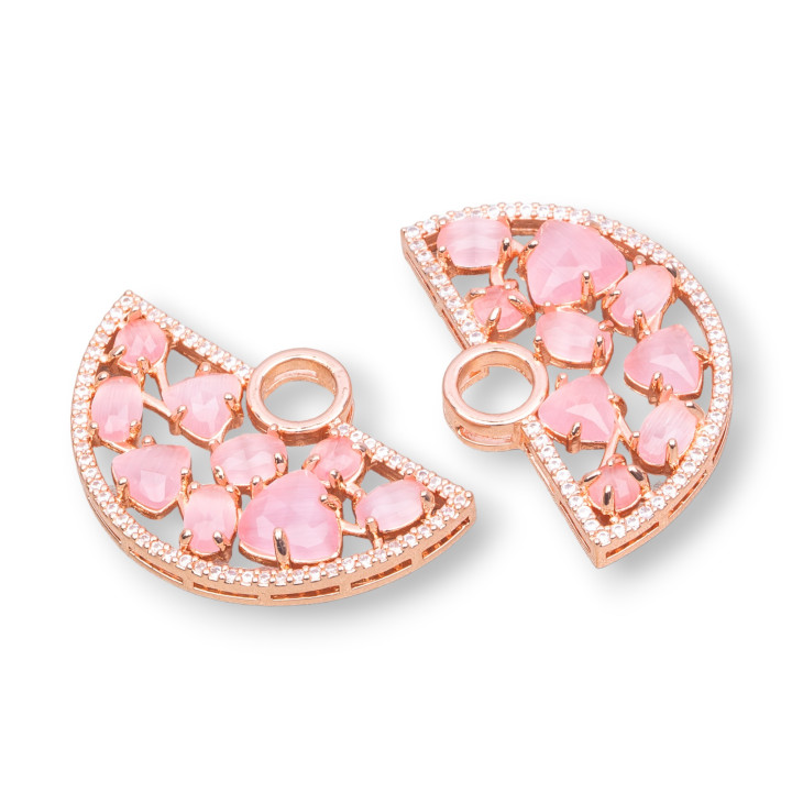 Fan-shaped Brass Component Connector with Set Cat's Eye and Zircons 23x36mm 4pcs Deep Pink Rose Gold