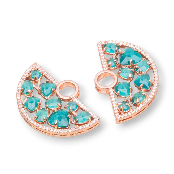 Brass Component Connector Fan-shaped with Cat's Eye Set and Zircons 23x36mm 4pcs Rose Gold Green