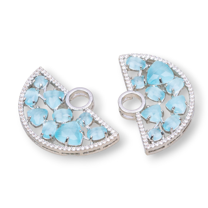 Connecteur de composant en laiton en forme d'éventail avec oeil de chat et zircons intégrés 23x36mm 4pcs Aqua plaqué rhodium