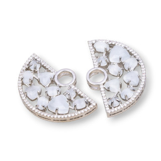 Connecteur de composant en laiton en forme d'éventail avec oeil de chat et zircons intégrés 23x36mm 4pcs plaqué rhodium blanc