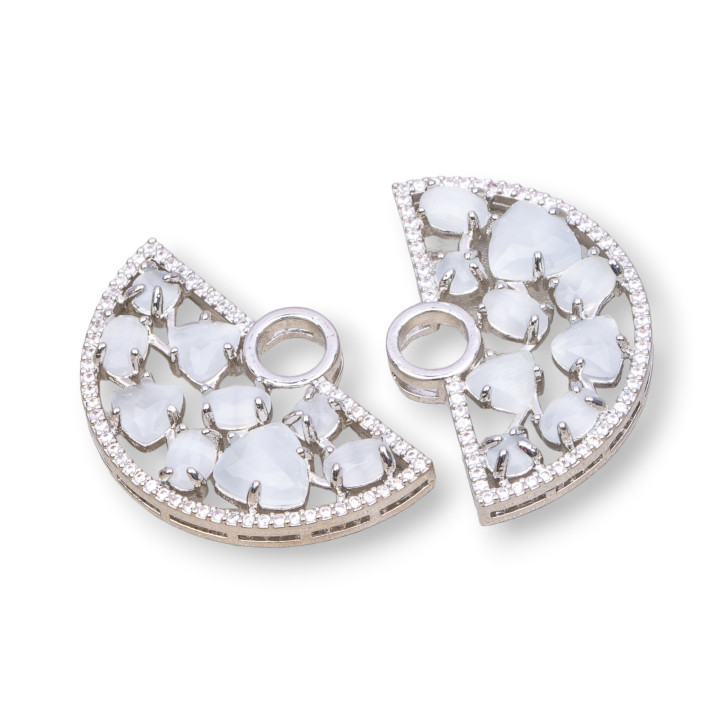 Connecteur de composant en laiton en forme d'éventail avec oeil de chat et zircons intégrés 23x36mm 4pcs plaqué rhodium blanc