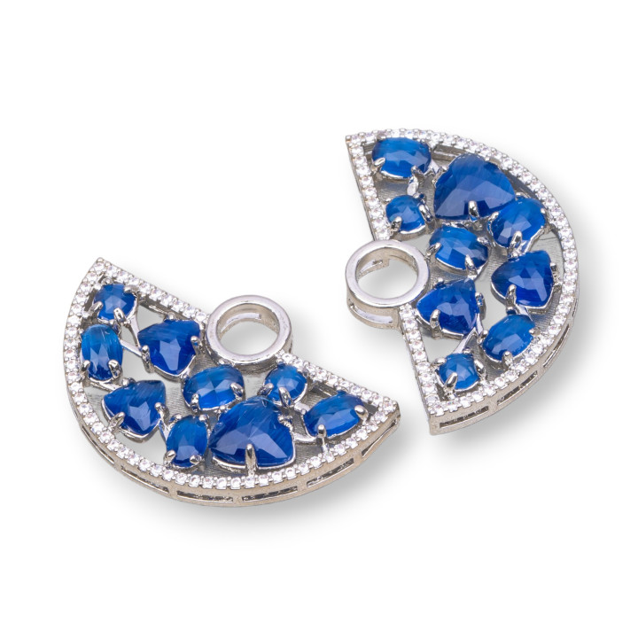 Connettore Componente Di Ottone A Ventaglio Con Occhio Di Gatto Incastonato E Zirconi 23x36mm 4pz Rodiato Blu