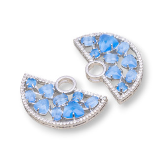 Connecteur de composant en laiton en forme d'éventail avec oeil de chat et zircons intégrés 23x36mm 4pcs plaqué rhodium bleu