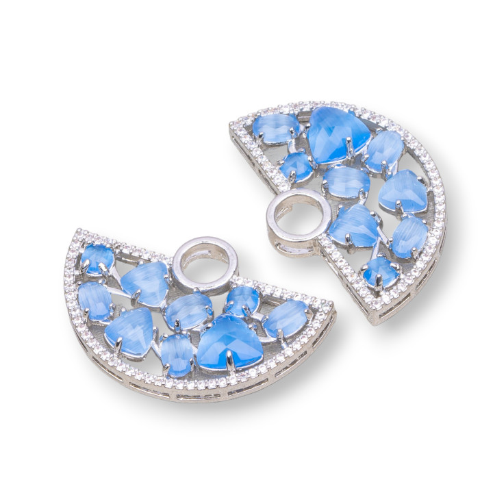 Connecteur de composant en laiton en forme d'éventail avec oeil de chat et zircons intégrés 23x36mm 4pcs plaqué rhodium bleu