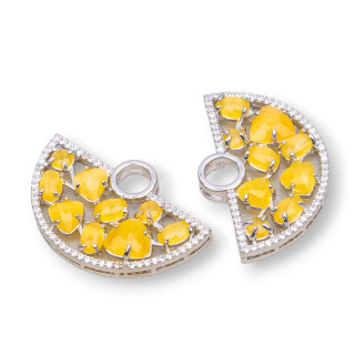 Connecteur de composant en laiton en forme d'éventail avec oeil de chat et zircons intégrés 23x36mm 4pcs plaqué rhodium jaune