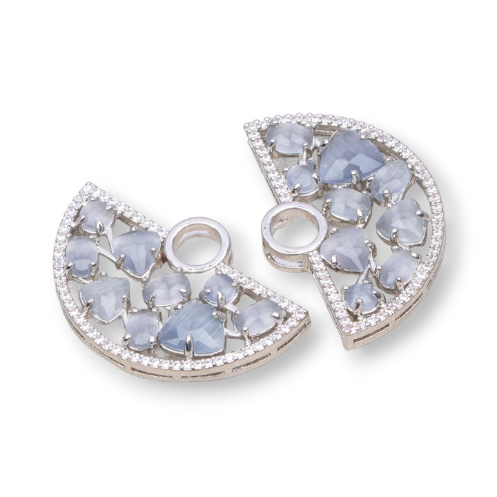 Brass Component Connector Fan-shaped with Cat's Eye Set and Zircons 23x36mm 4pcs Rhodium Plated Gray