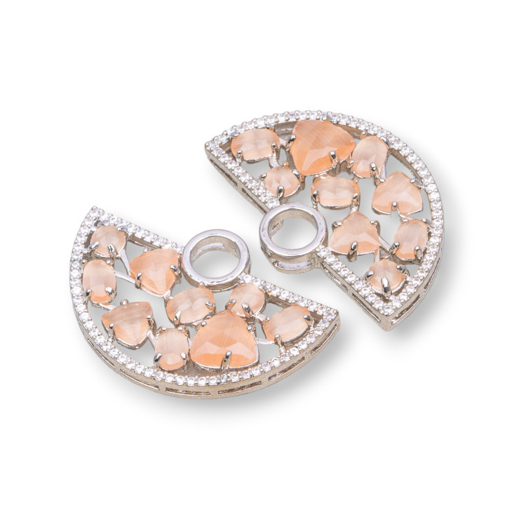 Brass Component Connector Fan Shaped with Cat's Eye Set and Zircons 23x36mm 4pcs Rhodium Plated Peach
