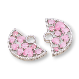 Connettore Componente Di Ottone A Ventaglio Con Occhio Di Gatto Incastonato E Zirconi 23x36mm 4pz Rodiato Rosa Intenso