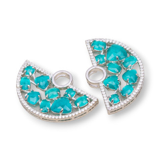 Brass Component Connector Fan-shaped with Cat's Eye Set and Zircons 23x36mm 4pcs Rhodium-Plated Emerald Green