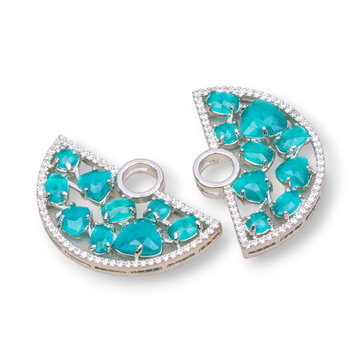 Brass Component Connector Fan-shaped with Cat's Eye Set and Zircons 23x36mm 4pcs Rhodium-Plated Emerald Green