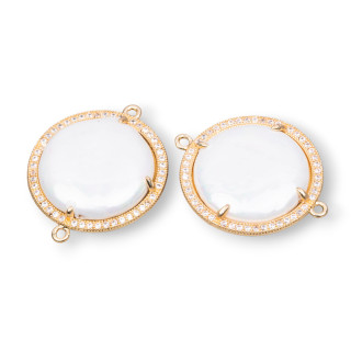 Verbindungsstück aus rundem Messing mit Zirkonia und Cabochon-Set aus mallorquinischen Perlen, 25 mm, 4 Stk