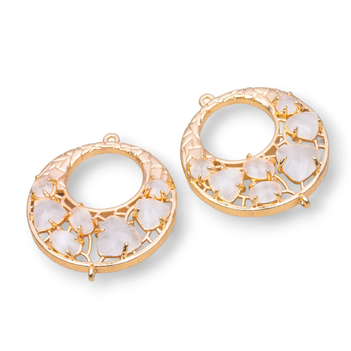 Connettore Componente Di Ottone a Creola Con Occhio Di Gatto Incastonato 28mm 4pz Dorato Bianco