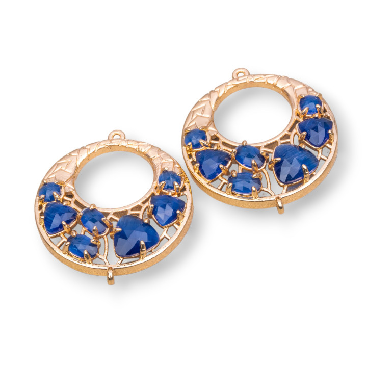 Connettore Componente Di Ottone a Creola Con Occhio Di Gatto Incastonato 28mm 4pz Dorato Blu Zaffiro
