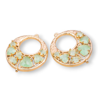 Connettore Componente Di Ottone a Creola Con Occhio Di Gatto Incastonato 28mm 4pz Dorato Verde Chiaro