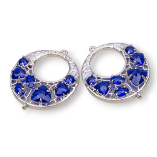 Creole Brass Component Connector with Cat's Eye Embedded 28mm 4pcs Rhodium Plated Transparent Blue