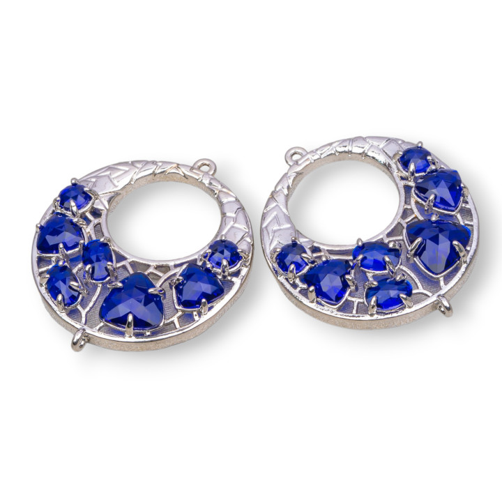 Creole Brass Component Connector with Cat's Eye Embedded 28mm 4pcs Rhodium Plated Transparent Blue