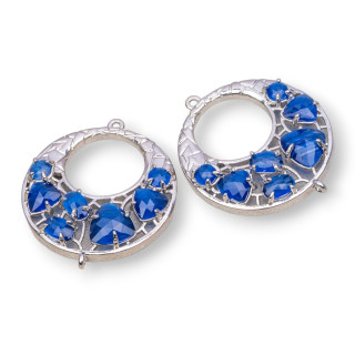 Creole Brass Component Connector with Cat's Eye Set 28mm 4pcs Rhodium Plated Sapphire Blue