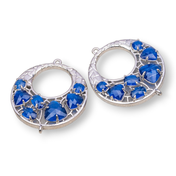 Creole Brass Component Connector with Cat's Eye Set 28mm 4pcs Rhodium Plated Sapphire Blue