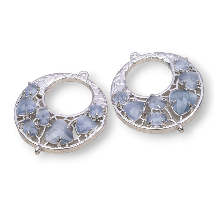 Komponentenverbinder aus kreolischem Messing mit eingebettetem Katzenauge, 28 mm, 4 Stück, rhodiniert, grau