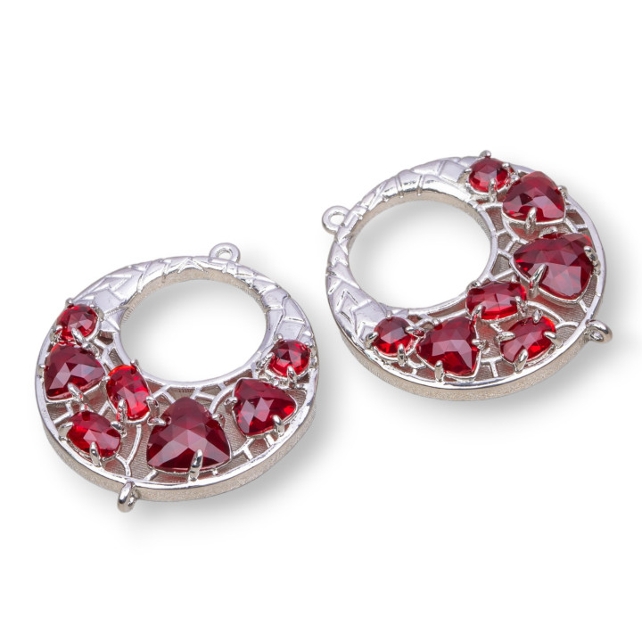 Connettore Componente Di Ottone a Creola Con Occhio Di Gatto Incastonato 28mm 4pz Rodiato Rosso