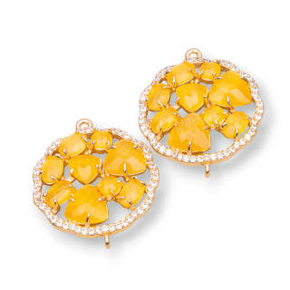 Connettore Componente Di Ottone A Fiore Tondo Con Occhio Di Gatto Incastonato E Zirconi 24mm 4pz Dorato Giallo
