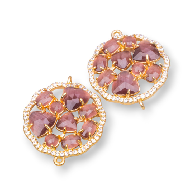 Connettore Componente Di Ottone A Fiore Tondo Con Occhio Di Gatto Incastonato E Zirconi 24mm 4pz Dorato Viola