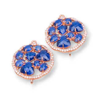 Runder Blumen-Messing-Komponentenverbinder mit eingebettetem Katzenauge und Zirkonen, 24 mm, 4 Stück, Gold, Rose, Blau