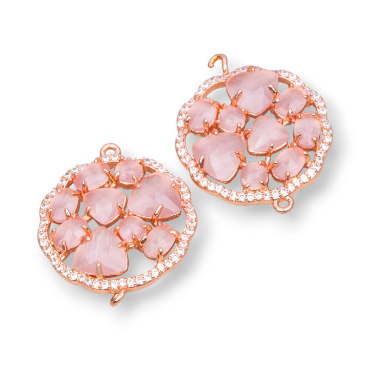 Connecteur de composant en laiton fleur ronde avec oeil de chat intégré et zircons 24mm 4pcs poudre d'or rose