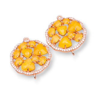 Connecteur de Composant en Laiton Fleur Ronde avec Oeil de Chat et Zircons Intégrés 24mm 4pcs Or Rose Jaune