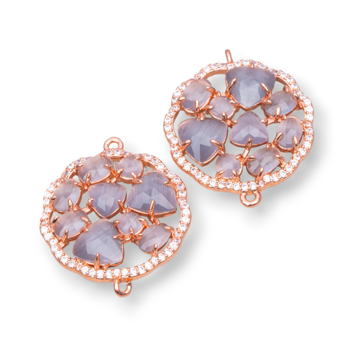 Connettore Componente Di Ottone A Fiore Tondo Con Occhio Di Gatto Incastonato E Zirconi 24mm 4pz Oro Rosa Grigio