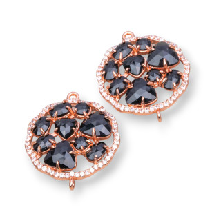Connettore Componente Di Ottone A Fiore Tondo Con Occhio Di Gatto Incastonato E Zirconi 24mm 4pz Oro Rosa Nero