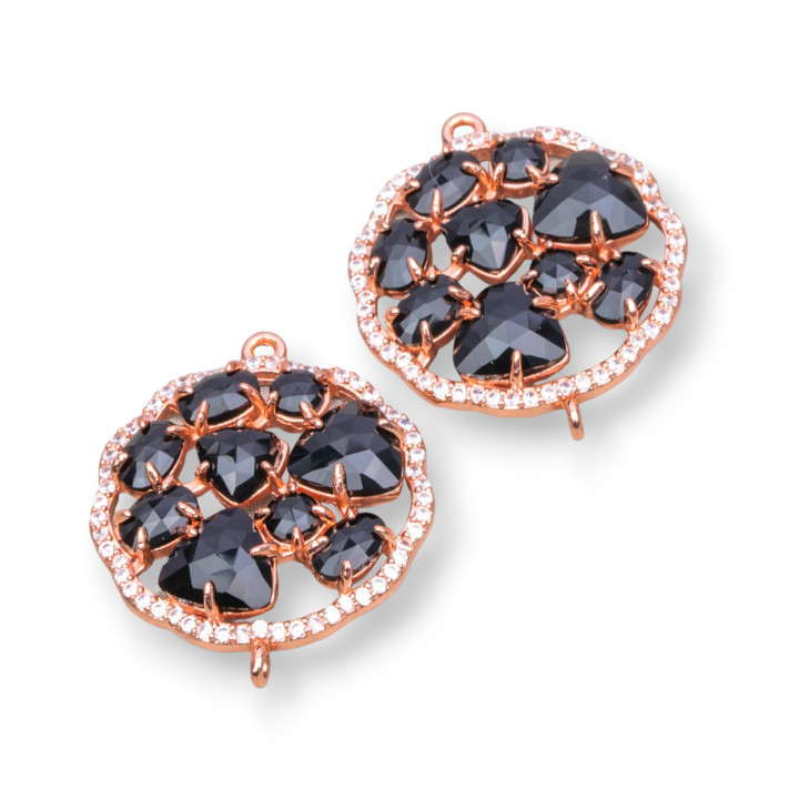 Runder Blumen-Messing-Komponentenverbinder mit eingebettetem Katzenauge und Zirkonen 24 mm 4 Stück Roségold Schwarz