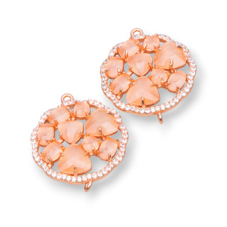 Runder Blumen-Messing-Komponentenverbinder mit eingebettetem Katzenauge und Zirkonen, 24 mm, 4 Stück, Roségold, Pfirsich